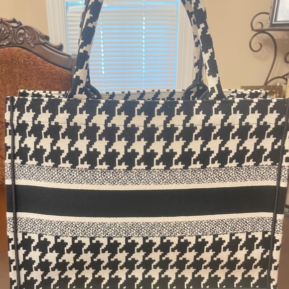 CHRISTIAN DIOR Canvas Macro Houndstooth Embroidered Medium Book Tote Black White - Picture 3 of 7